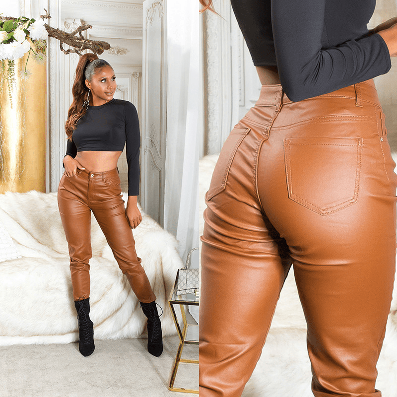 calças em pele castanhas BeStylish