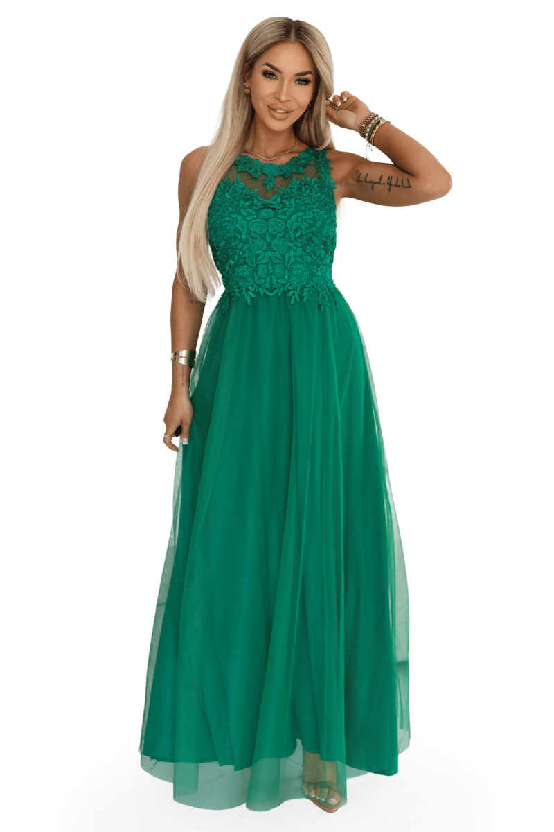 vestido de casamento comprido verde com renda e tule BeStylish