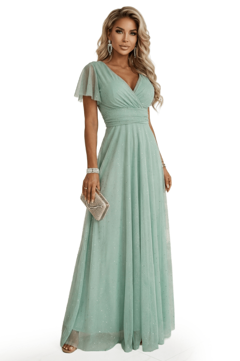 Vestido de festa comprido com brilho e tulle verde-pistácio BeStylish