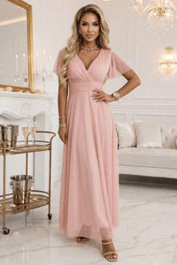 Vestido de festa comprido com brilho e tulle cor pêssego BeStylish