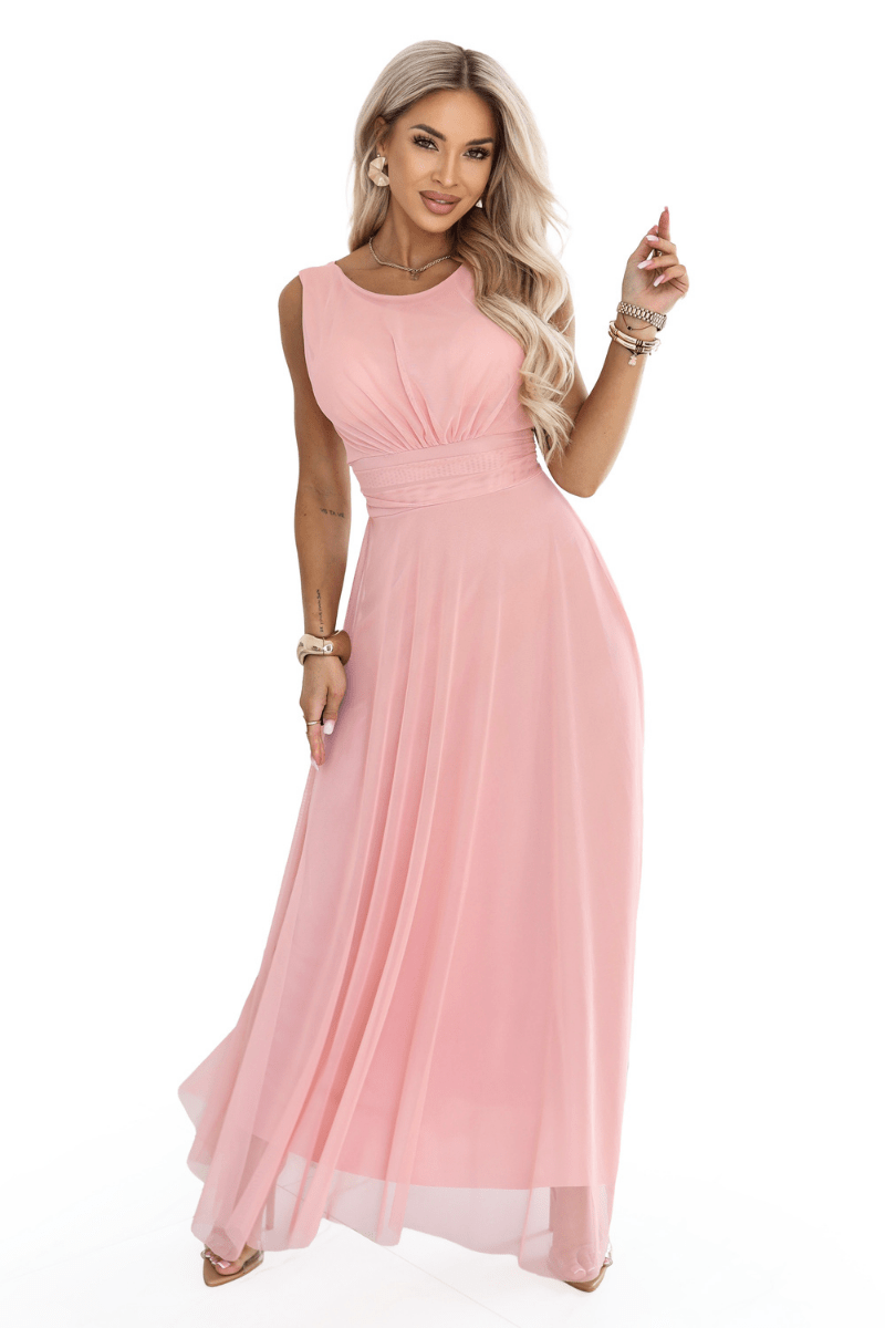 vestido de cerimónia comprido em tulle rosa velho BeStylish