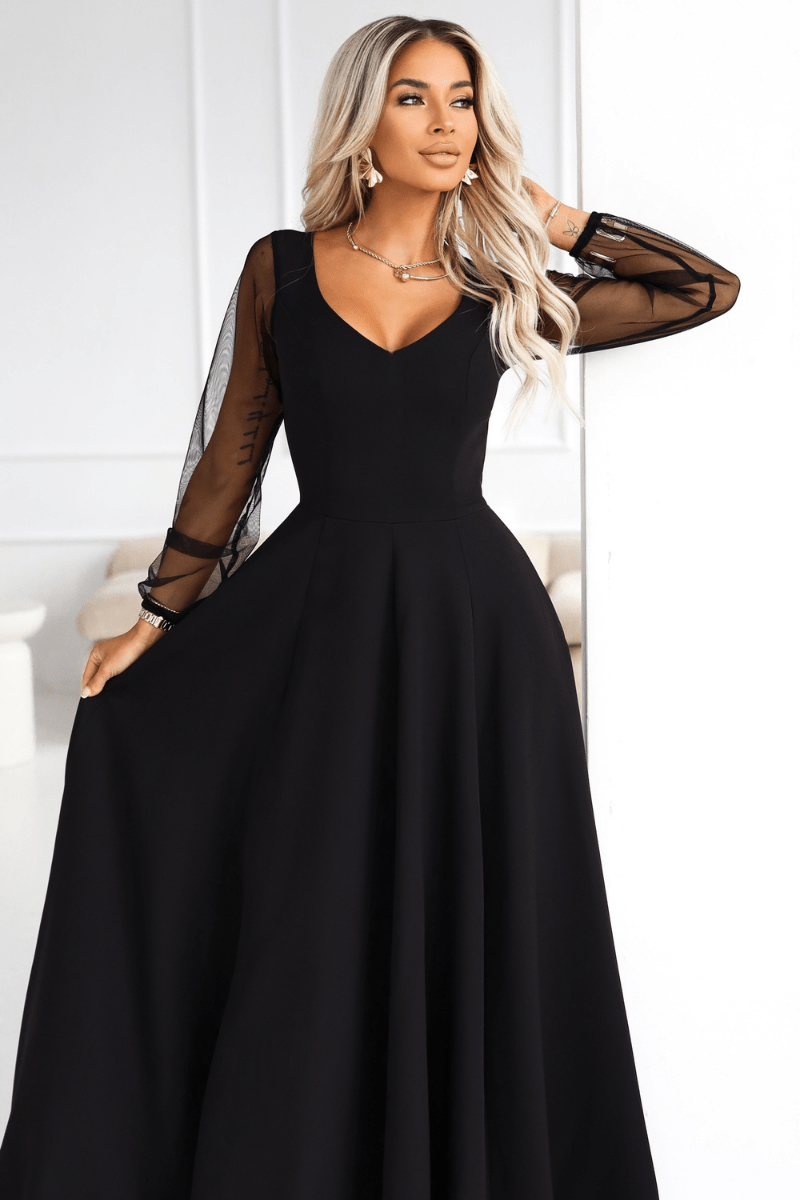 vestido de cerimónia comprido preto com mangas transparentes BeStylish