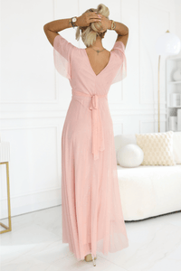 Vestido de festa comprido com brilho e tulle cor pêssego BeStylish