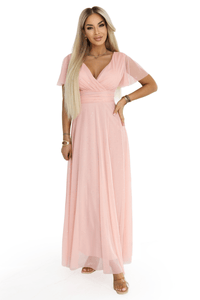 Vestido de festa comprido com brilho e tulle cor pêssego BeStylish