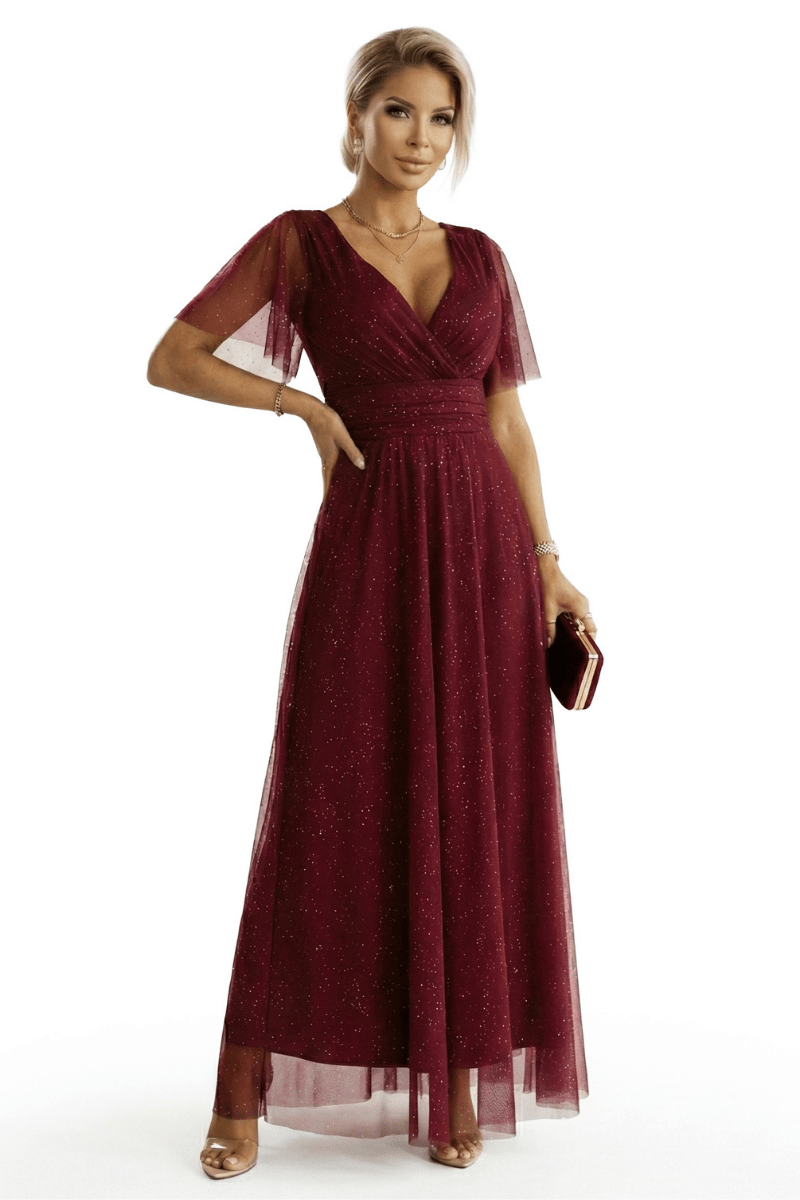Vestido de festa comprido com brilho e tulle bordeaux BeStylish