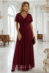 Vestido de festa comprido com brilho e tulle bordeaux BeStylish
