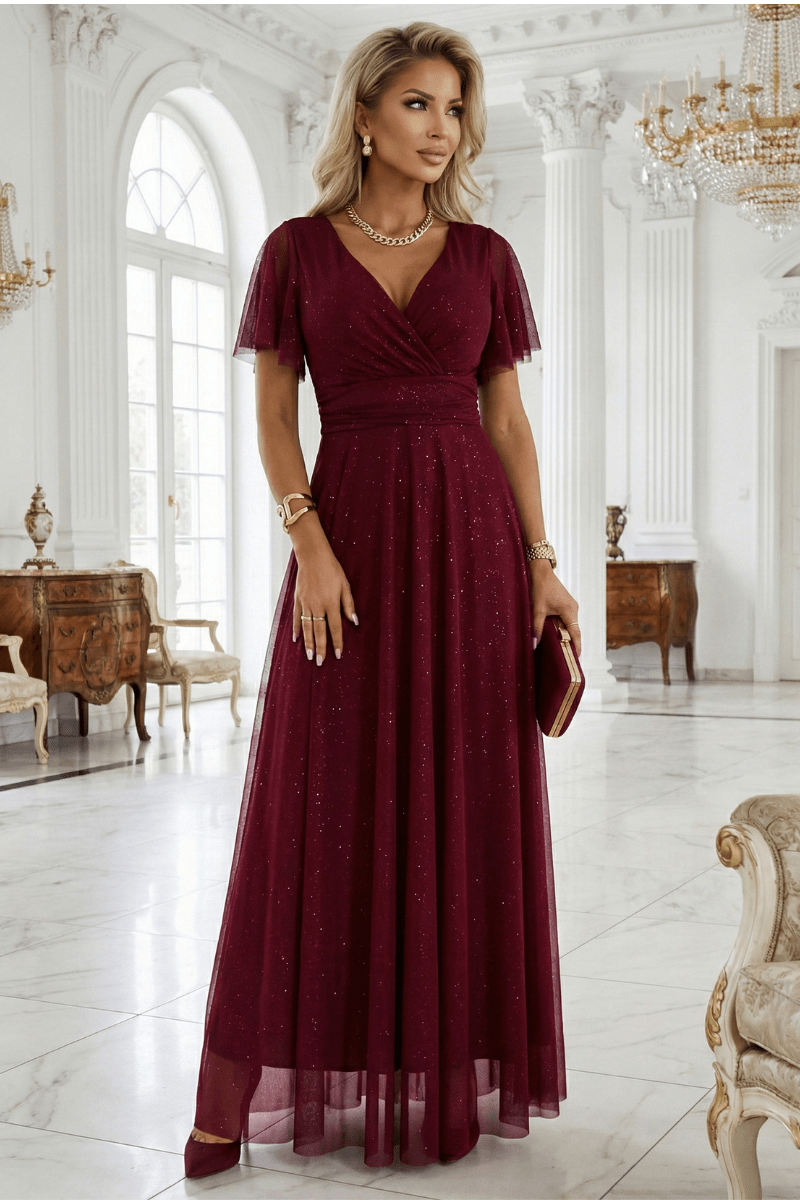 Vestido de festa comprido com brilho e tulle bordeaux BeStylish