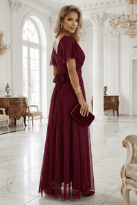 Vestido de festa comprido com brilho e tulle bordeaux BeStylish