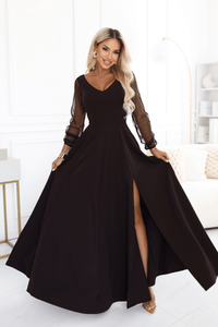 vestido de cerimónia comprido castanho chocolate com mangas transparentes BeStylish