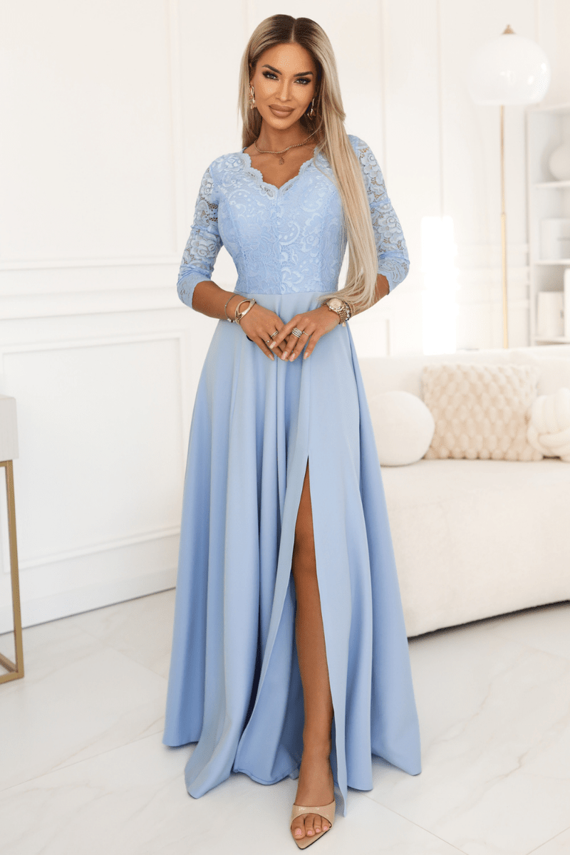 vestido de cerimónia comprido com renda azul claro BeStylish