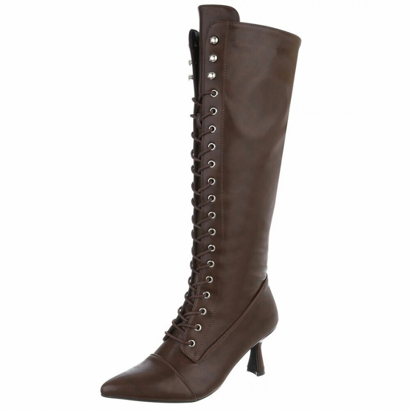 Botas castanhas de salto alto em pele com atacadores BeStylish 
