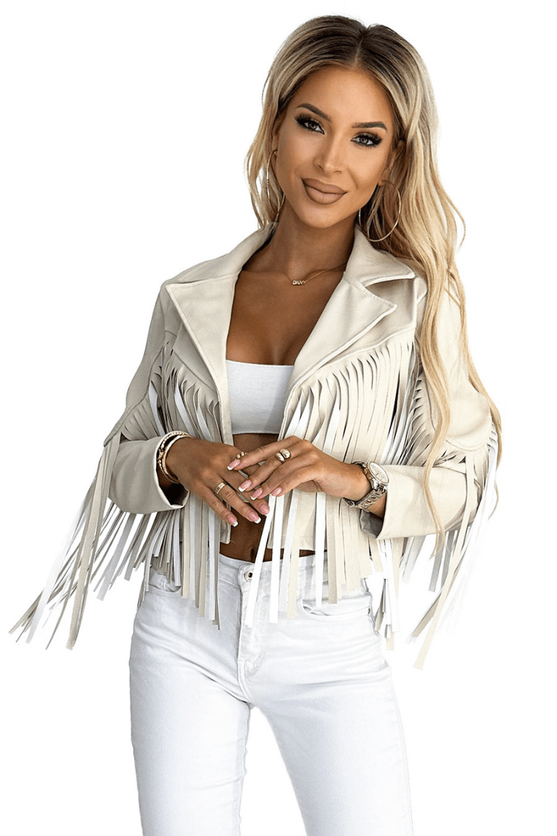 casaco de pele bege com franjas BeStylish 