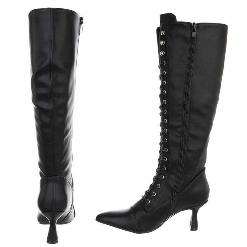 Botas pretas de salto alto em pele com atacadores BeStylish 
