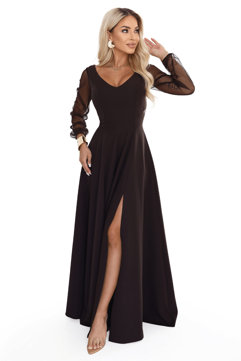 vestido de cerimónia comprido castanho chocolate com mangas transparentes BeStylish