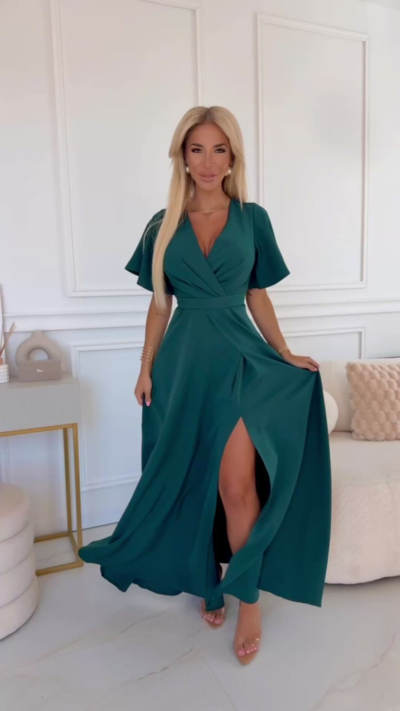 vestido de cerimónia comprido verde escuro com racha BeStylish 