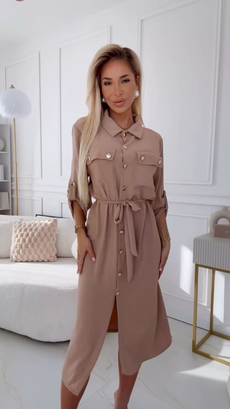 Vestido de cerimónia comprido cappuccino estilo camisa BeStylish