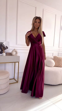 Vestido de cerimónia comprido em cetim bordeaux BeStylish