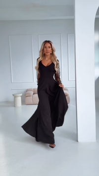 vestido de cerimónia comprido preto com mangas transparentes BeStylish