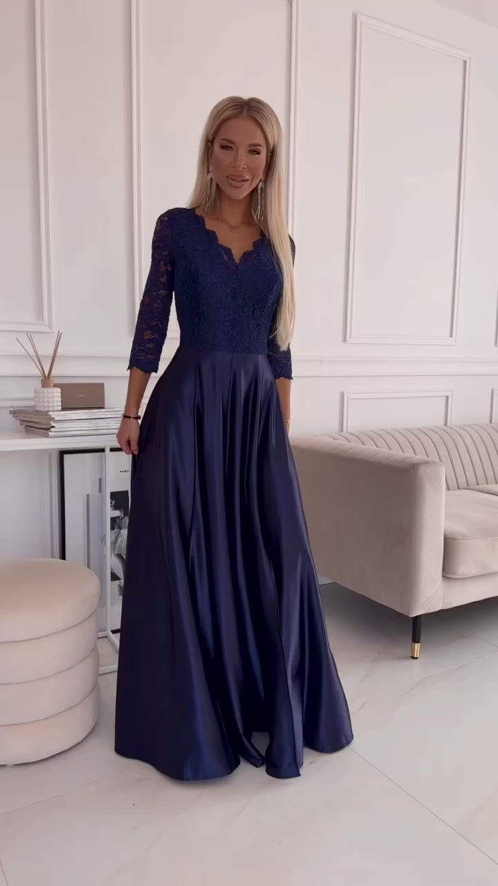 vestido de cerimónia em cetim comprido azul BeStylish