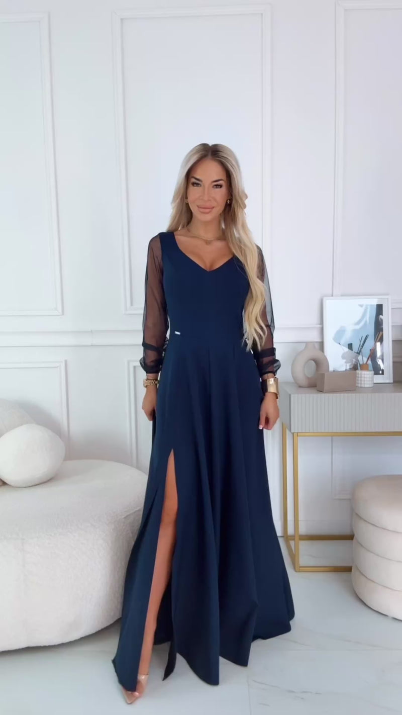 vestido de cerimónia comprido azul marinho com mangas transparentes BeStylish