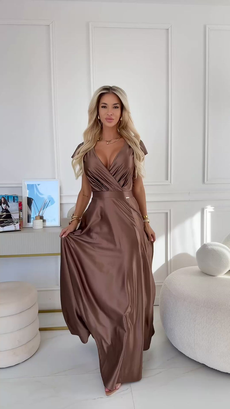 Vestido de cerimónia comprido em cetim mocha mousse BeStylish