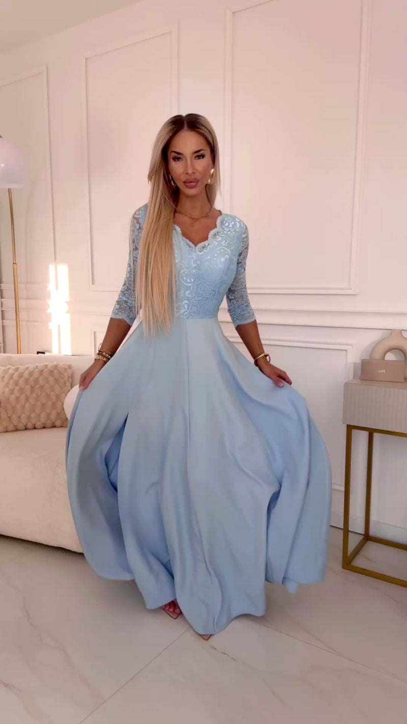 vestido de cerimónia comprido com renda azul claro BeStylish