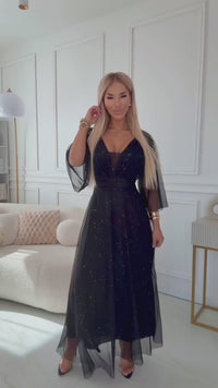 vestido de cerimónia comprido preto brilhante plus size BeStylish