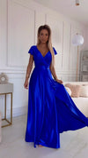 Vestido de cerimónia comprido em cetim de cerimónia azul royal BeStylish