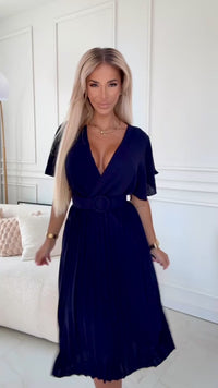 vestido de cerimónia médio plissado azul navy BeStylish 