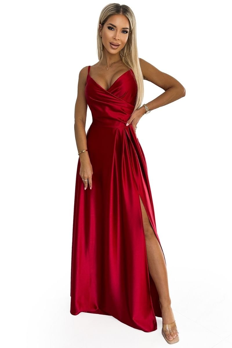 Vestido de cerimónia comprido cetim com alças vermelho BeStylish