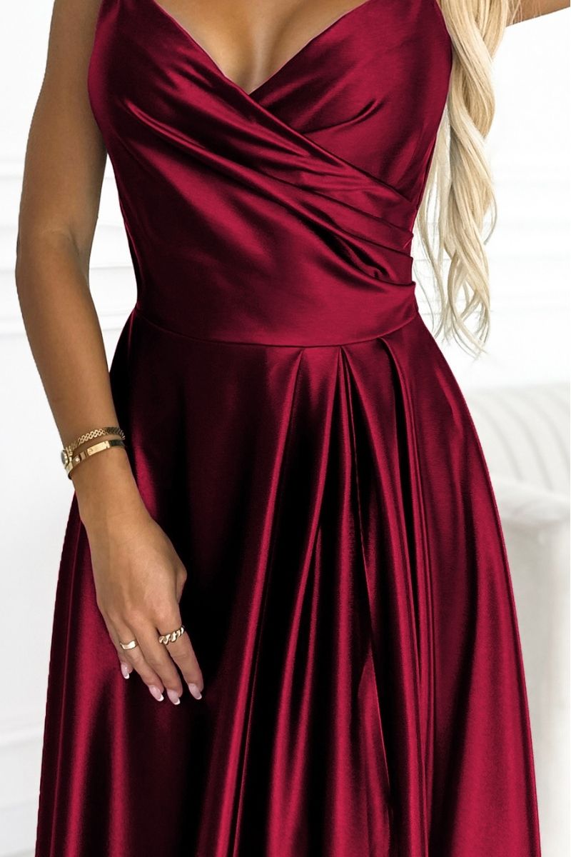 Vestido de cerimónia comprido cetim com alças bordeaux BeStylish