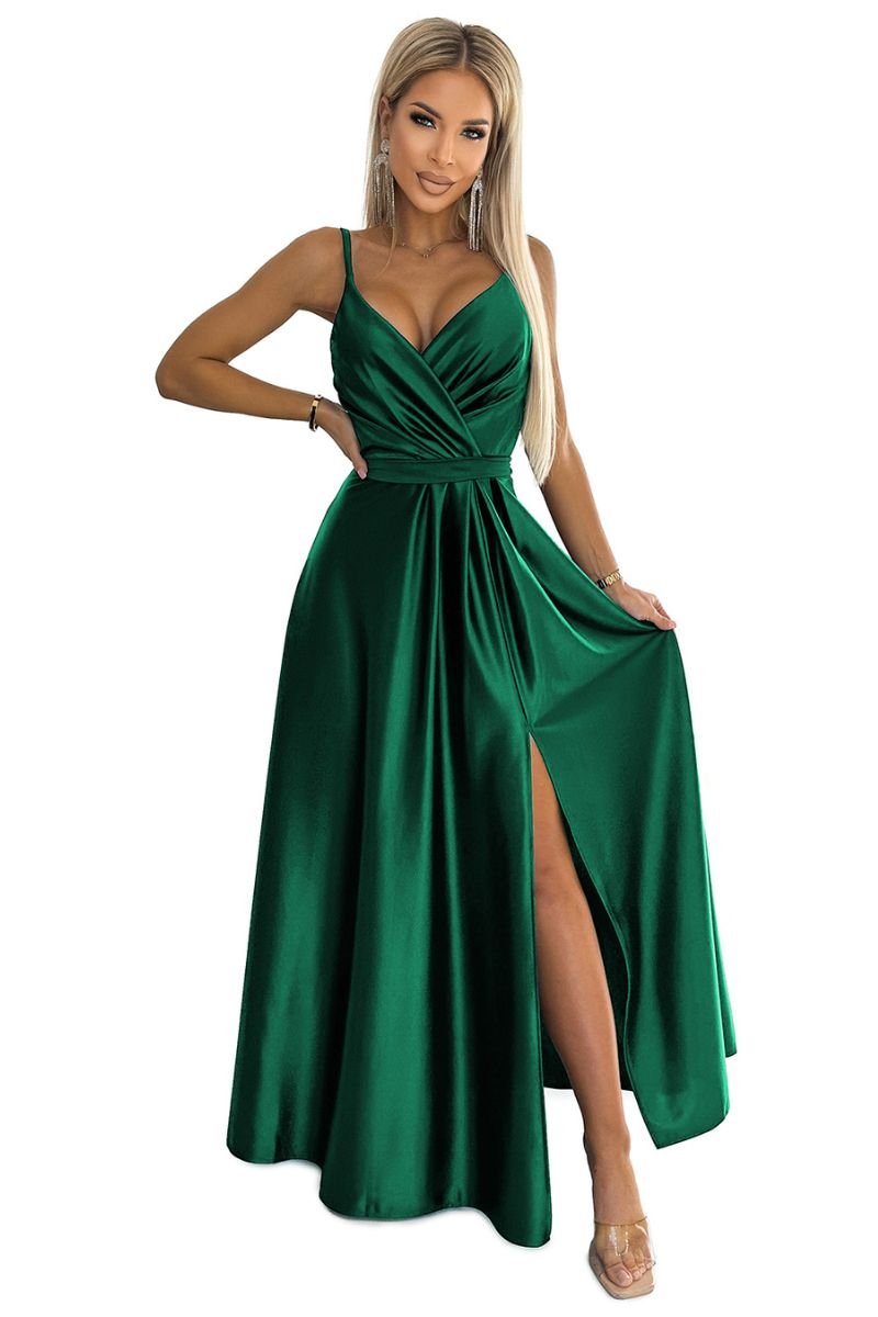 Vestido de cerimónia comprido em cetim verde BeStylish