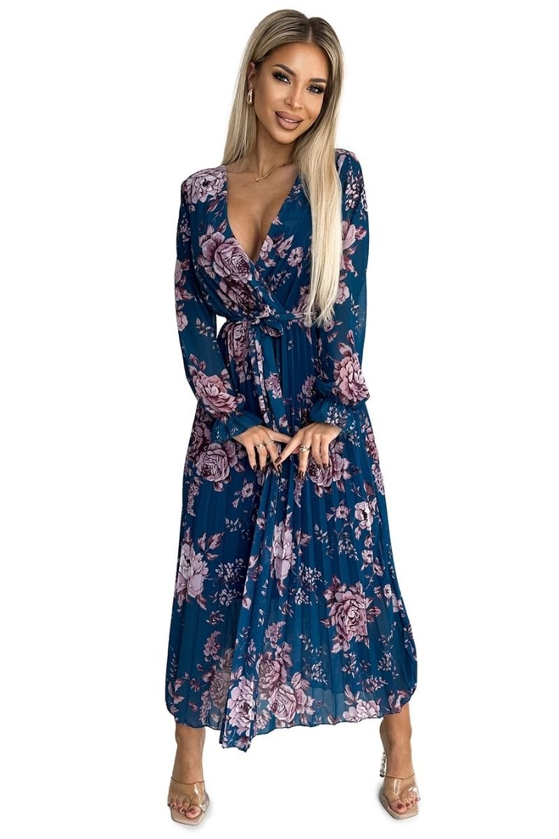 Vestido comprido em chiffon azul e rosa velho BeStylish