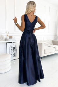 Vestido de cerimónia comprido em cetim azul navy Bestylish