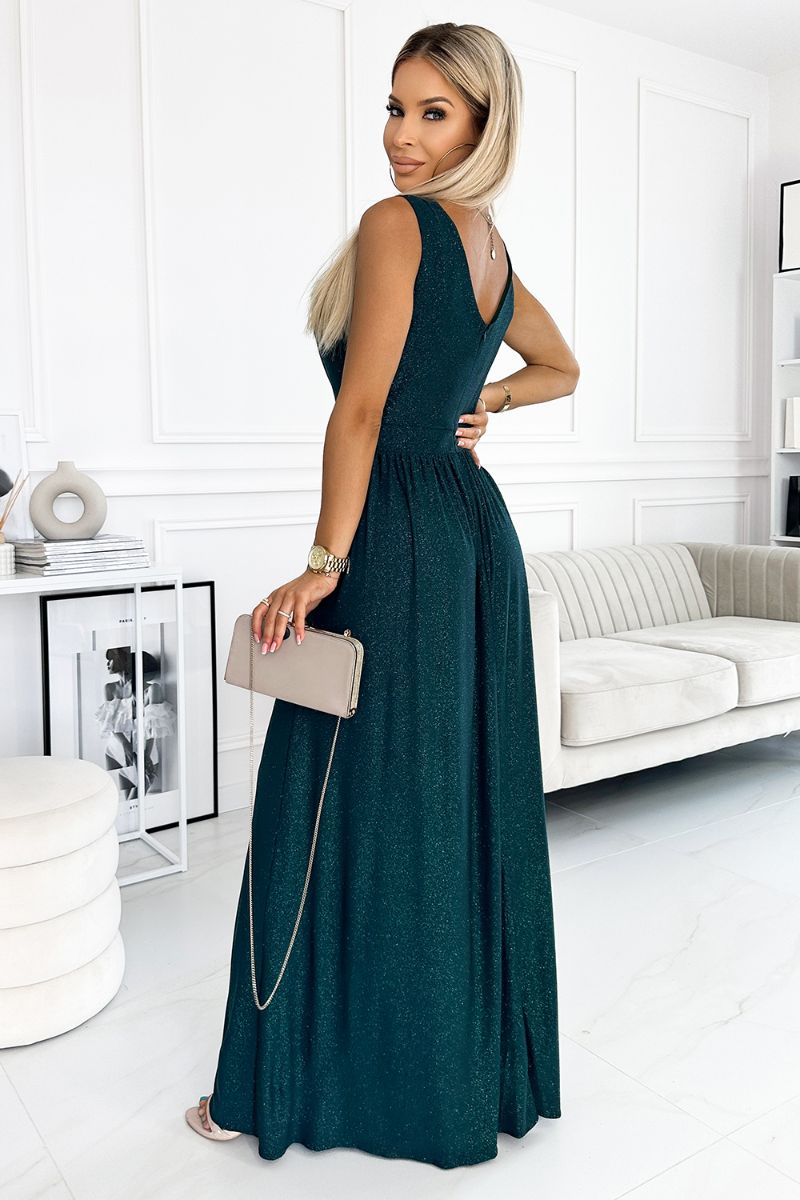 Vestido de cerimónia verde escuro com racha e brilhantes BeStylish