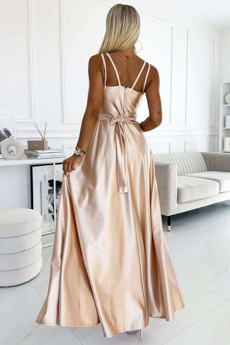 Vestido de cerimónia comprido em cetim dourado BeStylish