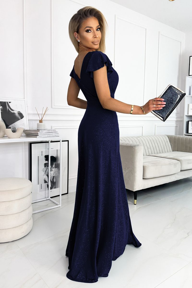 Vestido de cerimónia comprido com brilho de cerimónia azul navy BeStylish