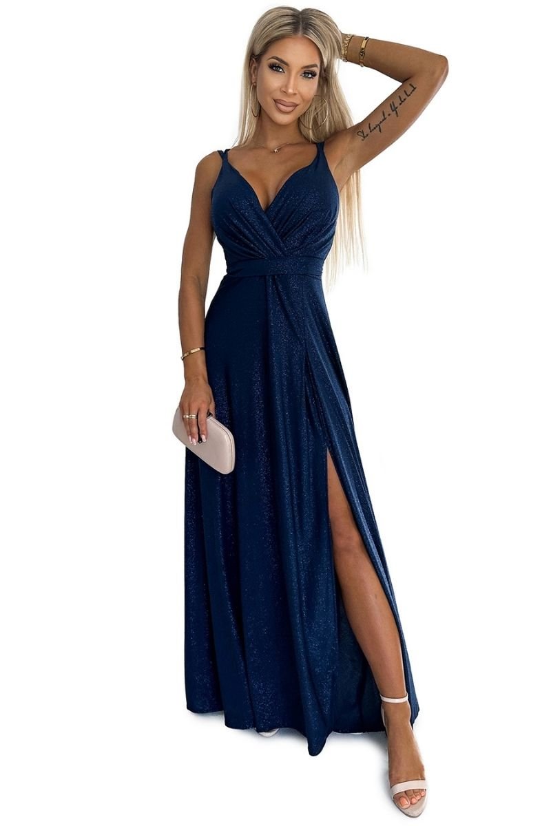 Vestido de cerimónia comprido brilhante azul navy BeStylish